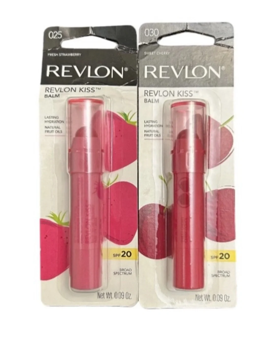 Revlon Kiss Balm Lip SPF 20 Chapstick Sweet Cherry 030, Fresh Strawberry 025 Lot